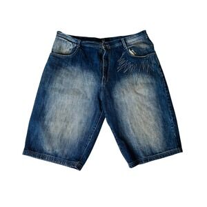 M2 Jean Co Denim Shorts Y2K‎ Embroidered Design Blue Wash Mens Size 42 READ